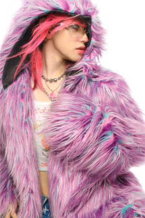 Festival faux fur longline jacket fluorescent raver bomber fluffy raver coat fleece party bomber neon burning man coat in bright purple