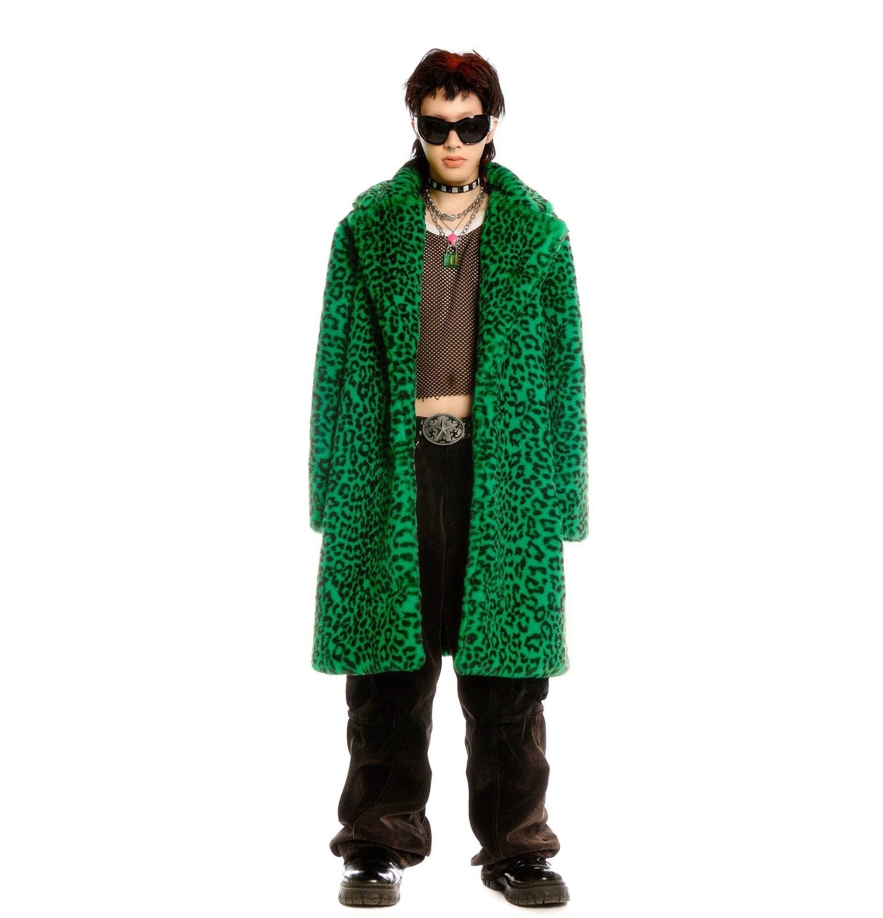 Leopard fur longline coat fluorescent animal print jacket rave bomber fluffy festival coat fleece party bomber neon burning man coat green