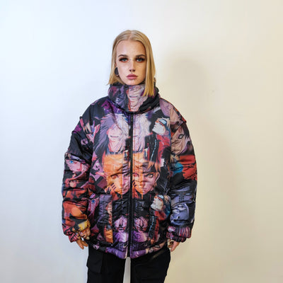 Anime bomber handmade reversible graffiti puffer devil horn jacket detachable Japanese cartoon coat two sided hooded jacket in purple