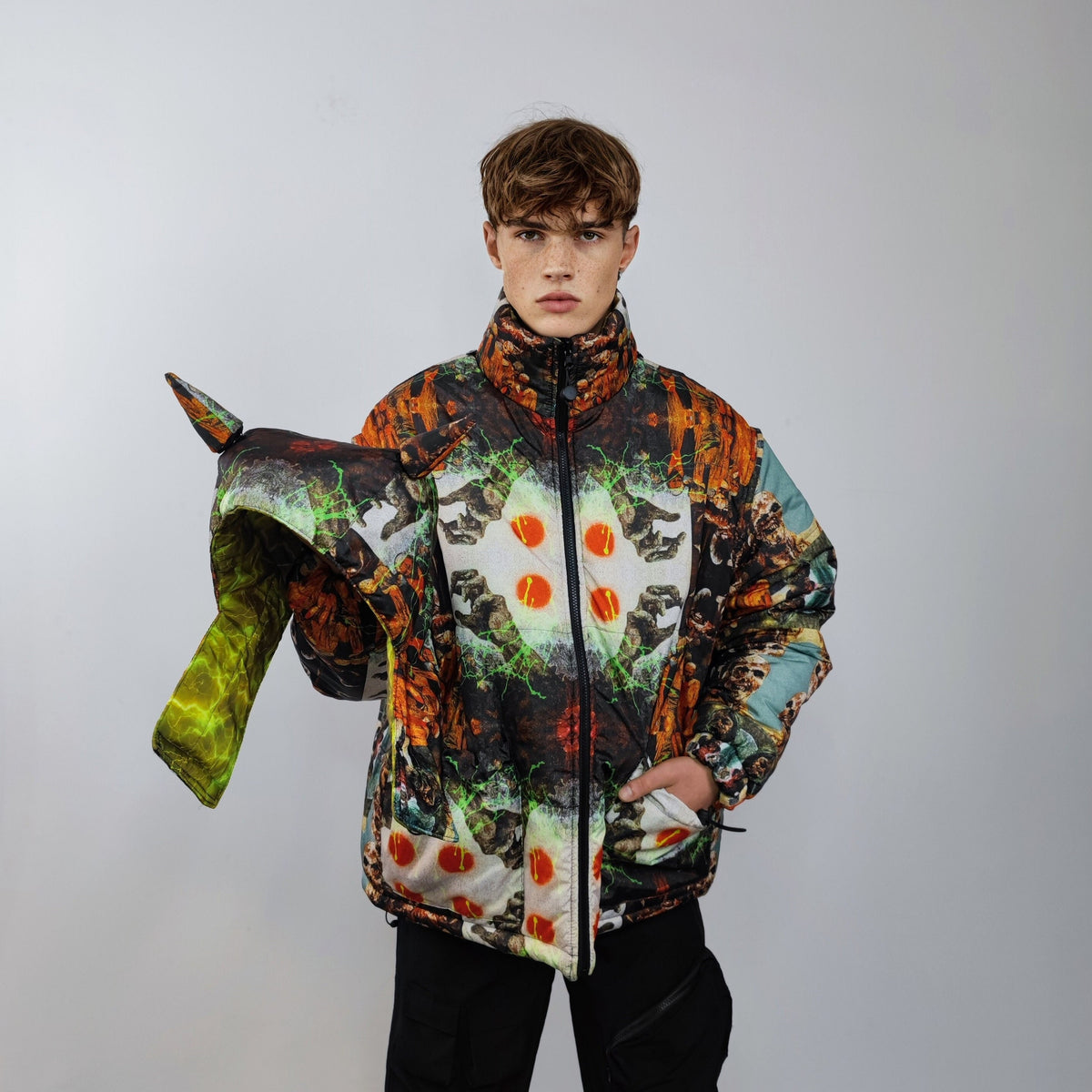 Zombie print bomber handmade reversible graffiti puffer devil horn jacket detachable Horror cartoon coat two sided hooded jacket in orange