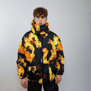 Flame print bomber handmade reversible graffiti puffer devil horn jacket detachable burning fire coat two sided hooded jacket black yellow