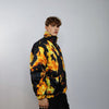 Flame print bomber handmade reversible graffiti puffer devil horn jacket detachable burning fire coat two sided hooded jacket black yellow