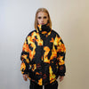 Flame print bomber handmade reversible graffiti puffer devil horn jacket detachable burning fire coat two sided hooded jacket black yellow