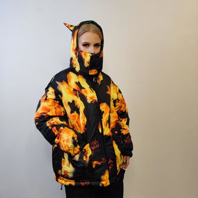 Flame print bomber handmade reversible graffiti puffer devil horn jacket detachable burning fire coat two sided hooded jacket black yellow