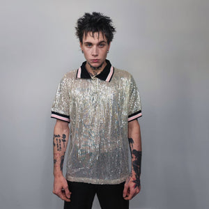 Sequin polo shirt embellished short sleeve glitter blouse metallic shiny party top grunge button up retro festival top in silver