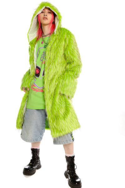 Festival faux fur longline jacket fluorescent raver bomber fluffy raver coat fleece party bomber neon burning man coat in bright purple