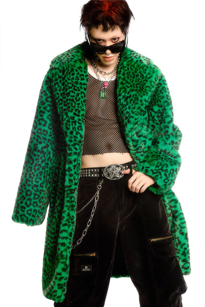 Leopard fur longline coat fluorescent animal print jacket rave bomber fluffy festival coat fleece party bomber neon burning man coat green