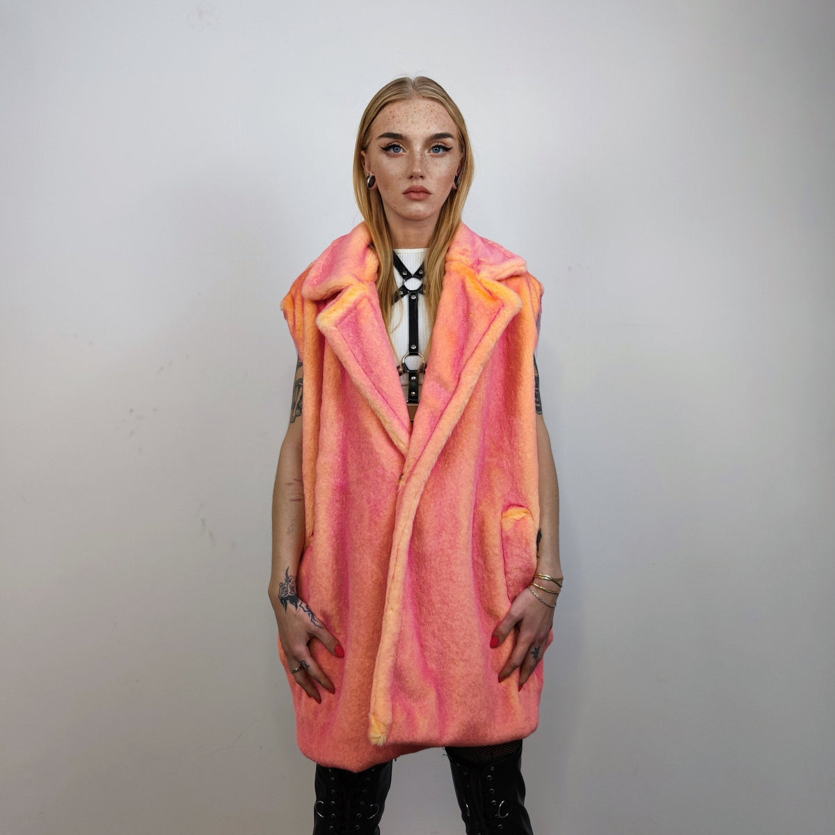Neon faux fur jacket color changing bomber handmade detachable trench coat fluorescent fleece glowing festival mac in pink electric orange