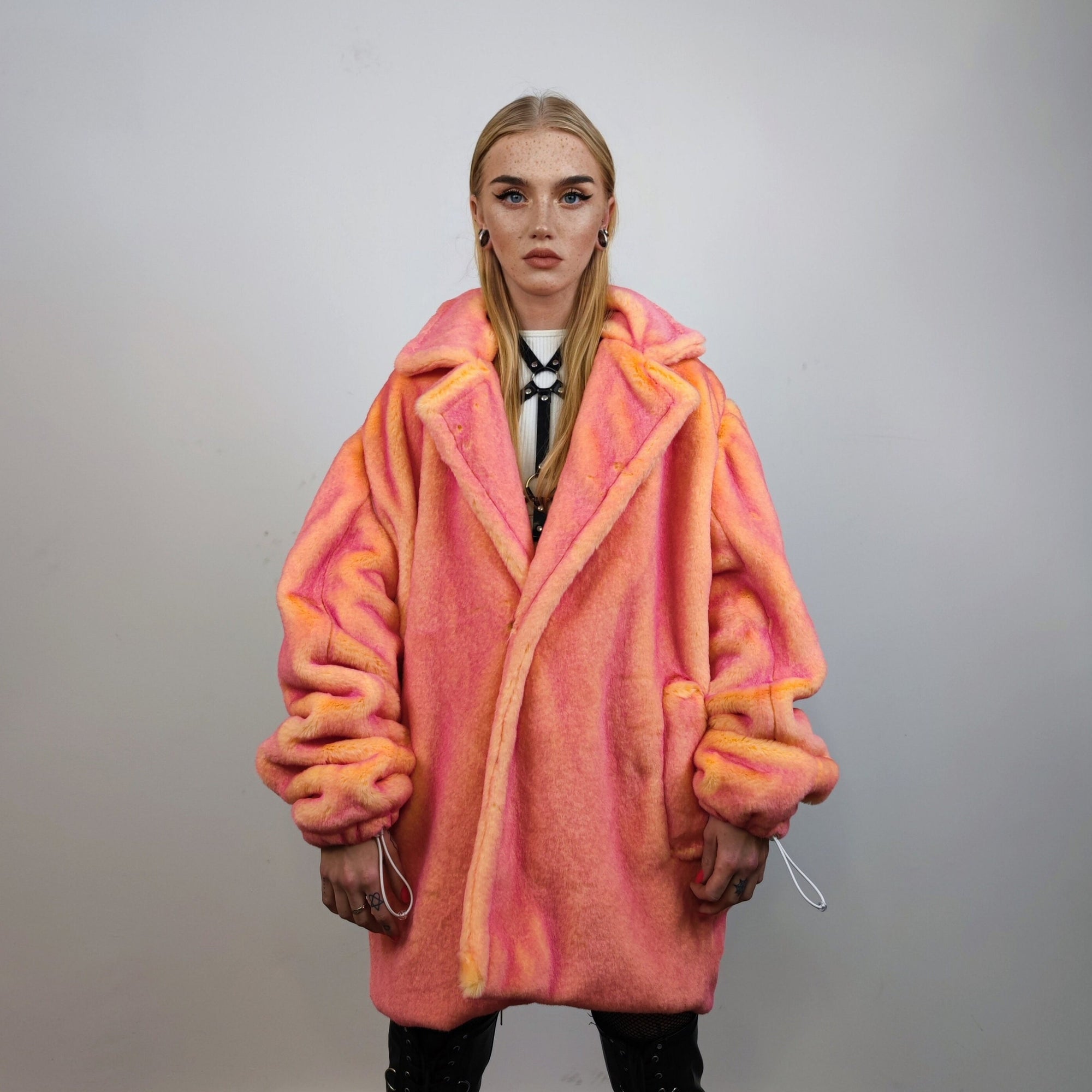 Neon faux fur jacket color changing bomber handmade detachable trench coat fluorescent fleece glowing festival mac in pink electric orange