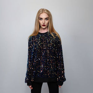 Sequin sweatshirt glitter top sparkle jumper party pullover glam rock long sleeve top embellished sweater going out tee in blue orange