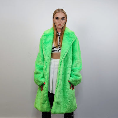 Neon faux fur longline coat shaggy trench bright raver bomber fluffy winter fleece festival jacket burning man coat in green