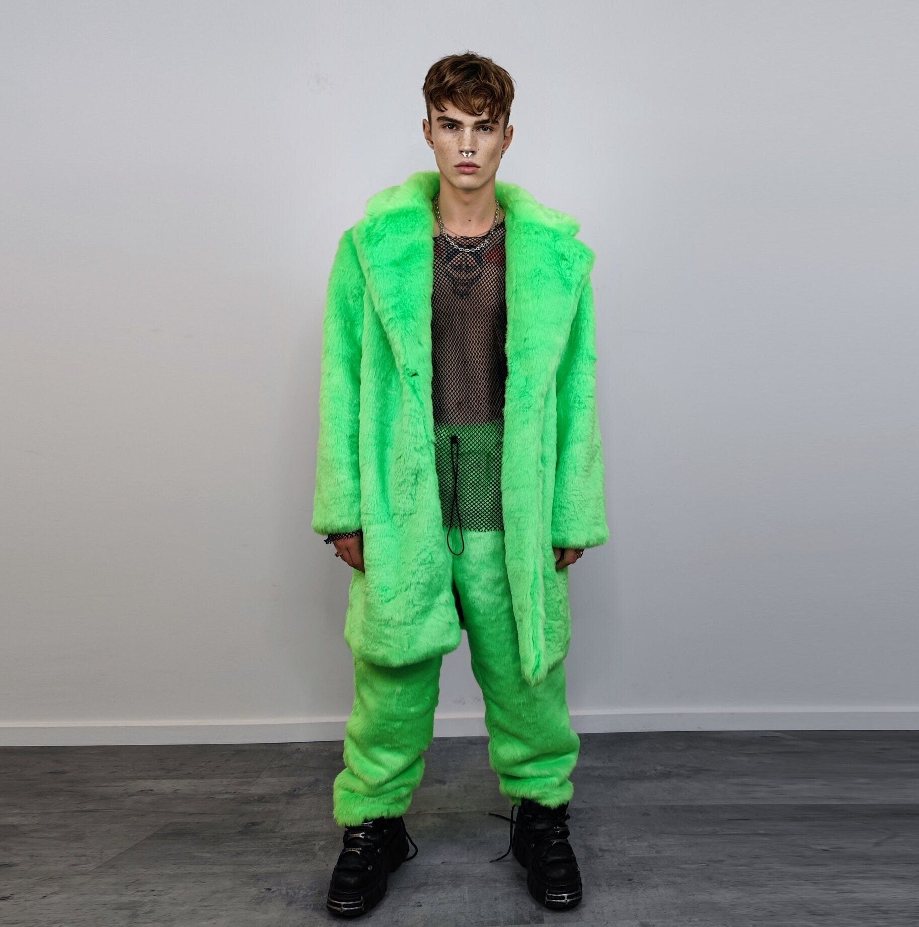 Neon faux fur longline coat shaggy trench bright raver bomber fluffy winter fleece festival jacket burning man coat in green