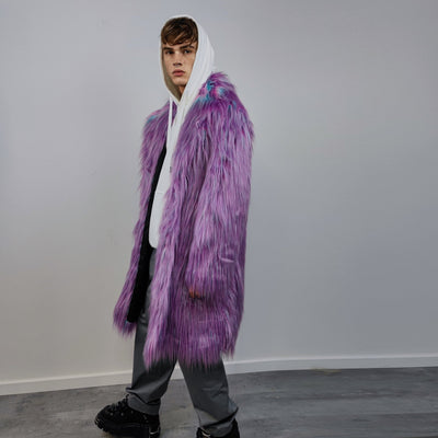 Shaggy faux fur longline coat neon trench bright raver bomber fluffy winter fleece luminous festival jacket burning man coat in purple