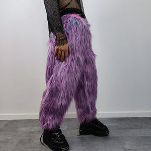 Shaggy faux fur joggers winter raver neon pants fluffy skiing trousers mountain fleece overalls festival bottoms burning man pants in purple