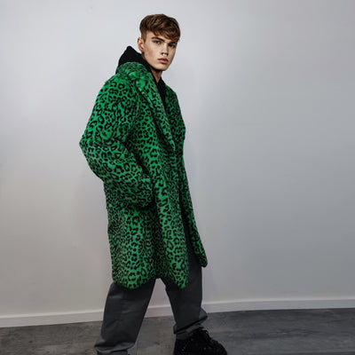 Faux fur long leopard coat animal print trench bright raver bomber fluffy winter cheetah fleece festival jacket neon burning man coat green