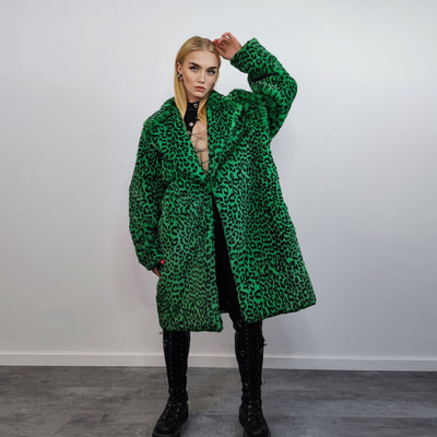 Faux fur long leopard coat animal print trench bright raver bomber fluffy winter cheetah fleece festival jacket neon burning man coat green