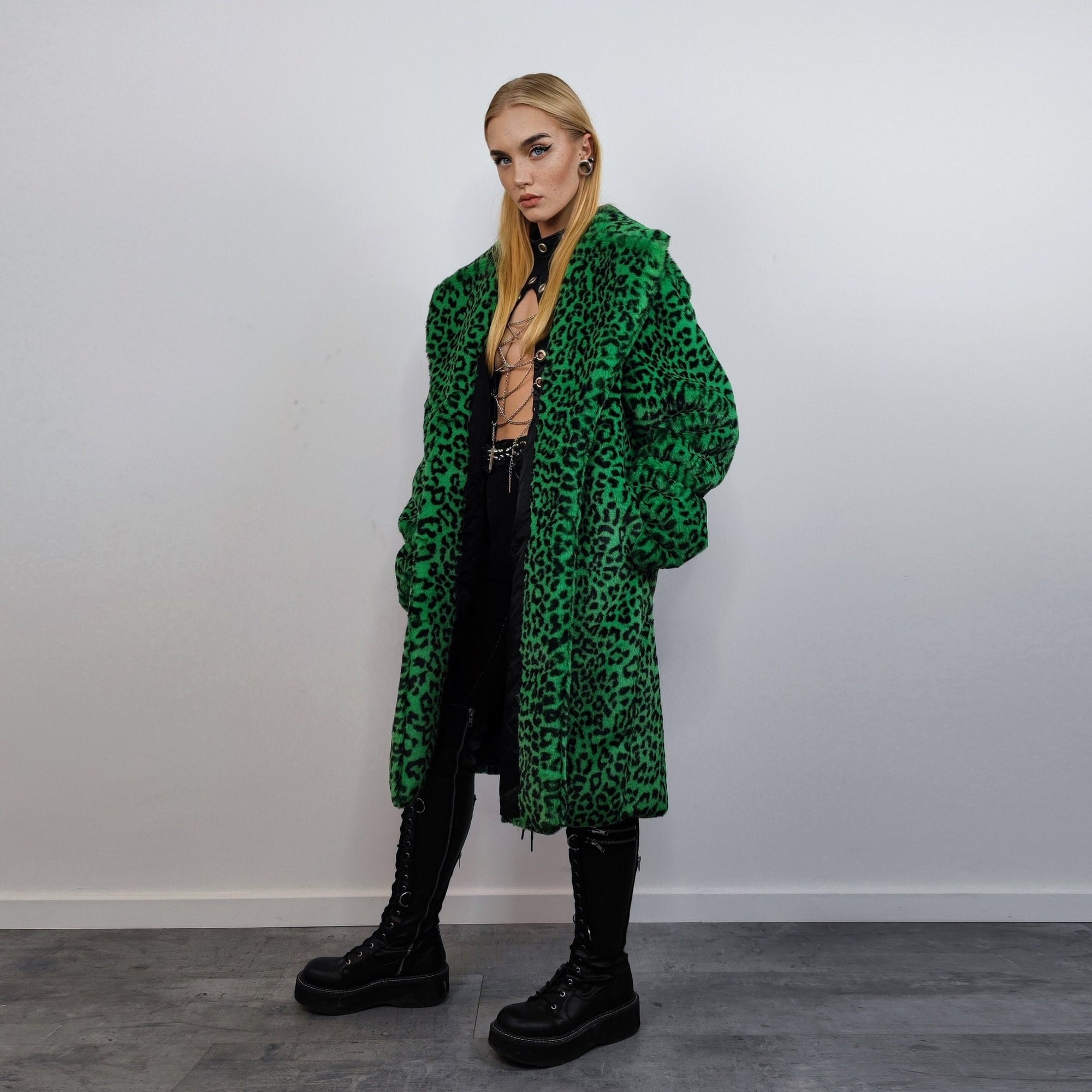 Faux fur long leopard coat animal print trench bright raver bomber fluffy winter cheetah fleece festival jacket neon burning man coat green