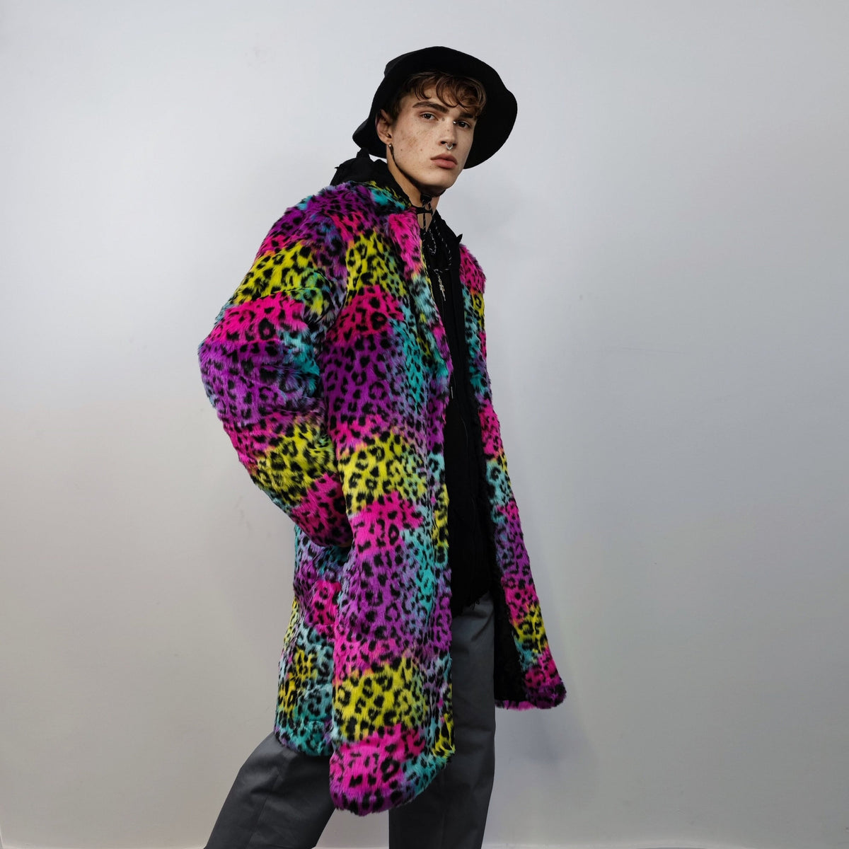 Tie-dye Faux fur leopard coat rainbow long trench marshmallow raver jacket fluffy cheetah fleece festival bomber burning man coat pink blue