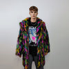 Faux fur long striped neon coat zebra trench raver bomber fluffy tie-dye winter fleece festival jacket burning man going out coat black pink