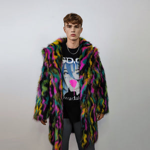 Faux fur long striped neon coat zebra trench raver bomber fluffy tie-dye winter fleece festival jacket burning man going out coat black pink