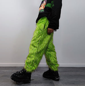 Shaggy faux fur joggers raver neon pants fluffy skiing trousers mountain fleece overalls festival bottoms burning man fuzzy pants in green