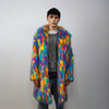 Faux fur long psychedelic coat 70s trench neon raver bomber fluffy tie-dye fleece disco festival jacket burning man going out coat blue pink