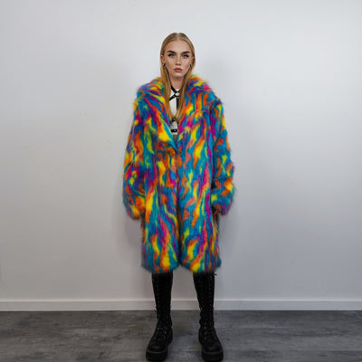 Faux fur long psychedelic coat 70s trench neon raver bomber fluffy tie-dye fleece disco festival jacket burning man going out coat blue pink