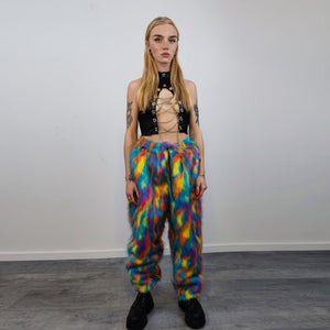 Disco faux fur joggers 70s raver pants fluffy psychedelic trousers ski fleece tie-dye overalls festival bottoms burning man pants blue pink