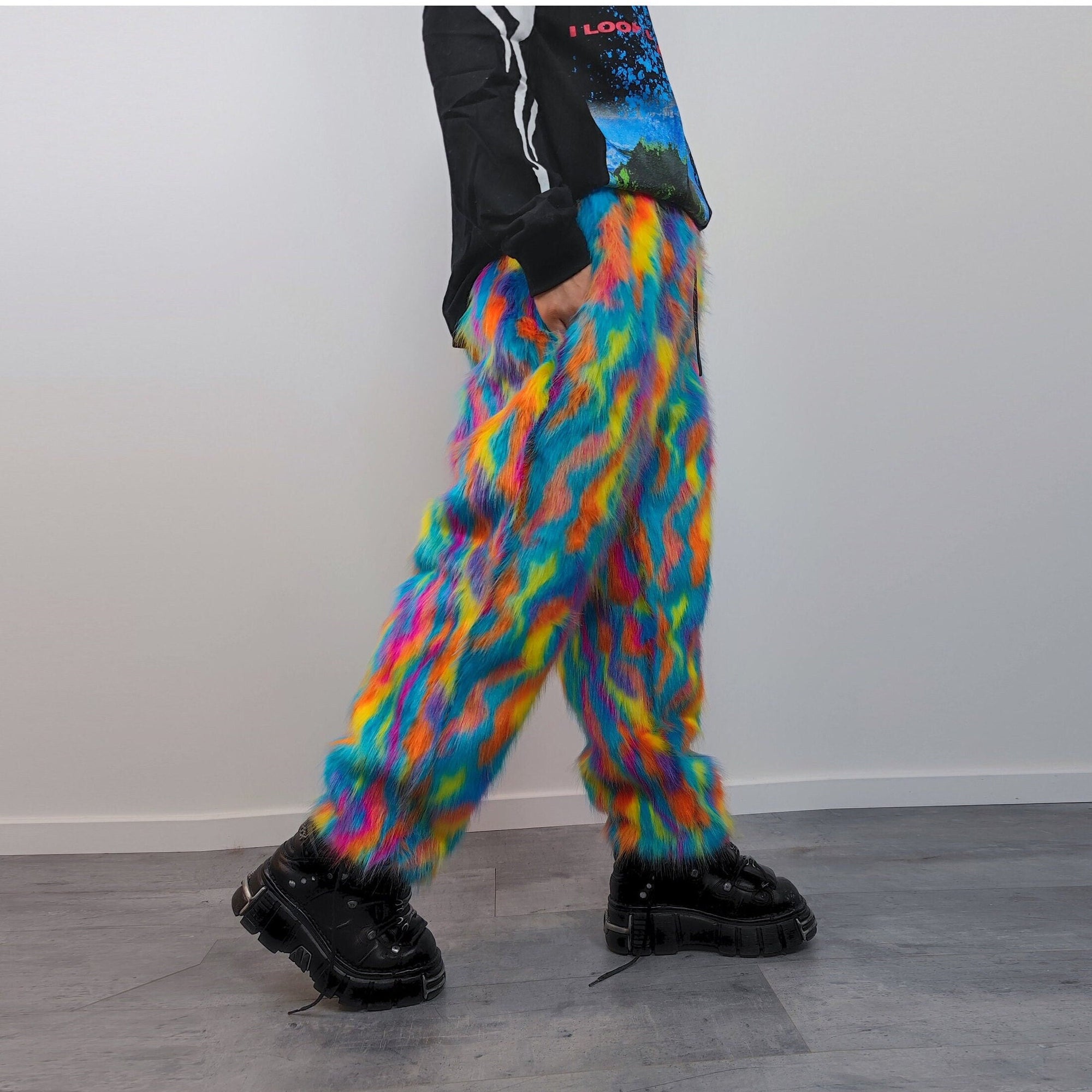 Disco faux fur joggers 70s raver pants fluffy psychedelic trousers ski fleece tie-dye overalls festival bottoms burning man pants blue pink