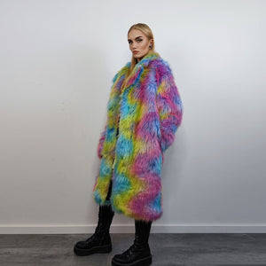 Rainbow Faux fur long coat unicorn trench neon raver bomber fluffy tie-dye fleece psychedelic festival jacket burning man going out coat