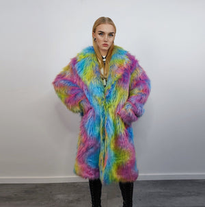 Rainbow Faux fur long coat unicorn trench neon raver bomber fluffy tie-dye fleece psychedelic festival jacket burning man going out coat