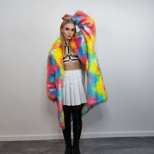 Rainbow fur long coat unicorn trench neon raver bomber fluffy tie-dye fleece psychedelic festival jacket burning man going out coat orange