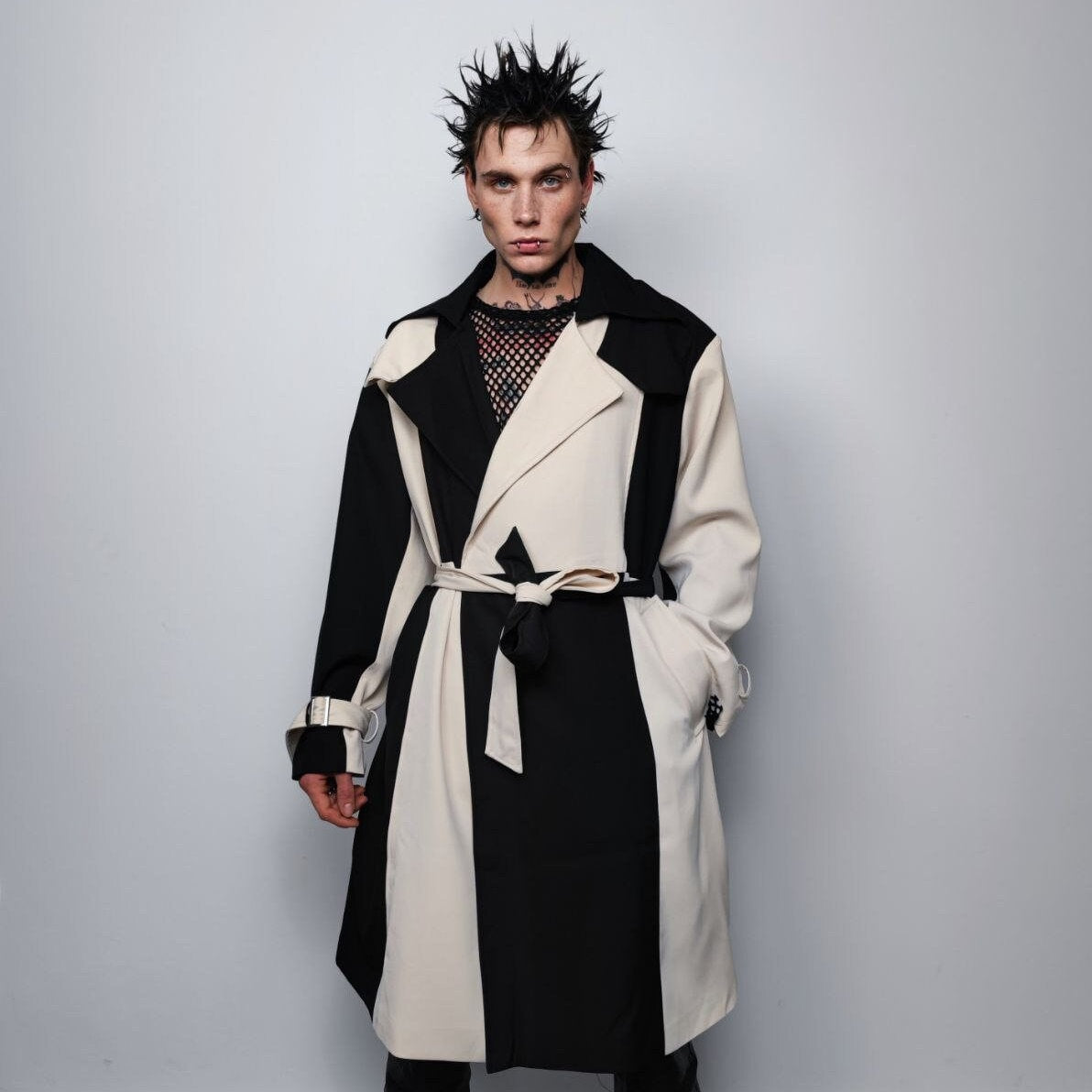 Utility trench coat color block jacket contrast stitching catwalk bomber premium going out varsity gorpcore lapel coat in black cream