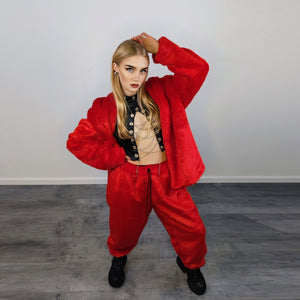 Red faux fur joggers winter raver pants fluffy skiing trousers mountain fleece overalls festival bottoms burning man pants