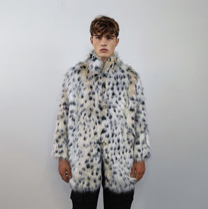 Mid length faux fur jacket fluffy spot print bomber festival leopard varsity aviator fleece coat high fashion cheetah duffle coat off white