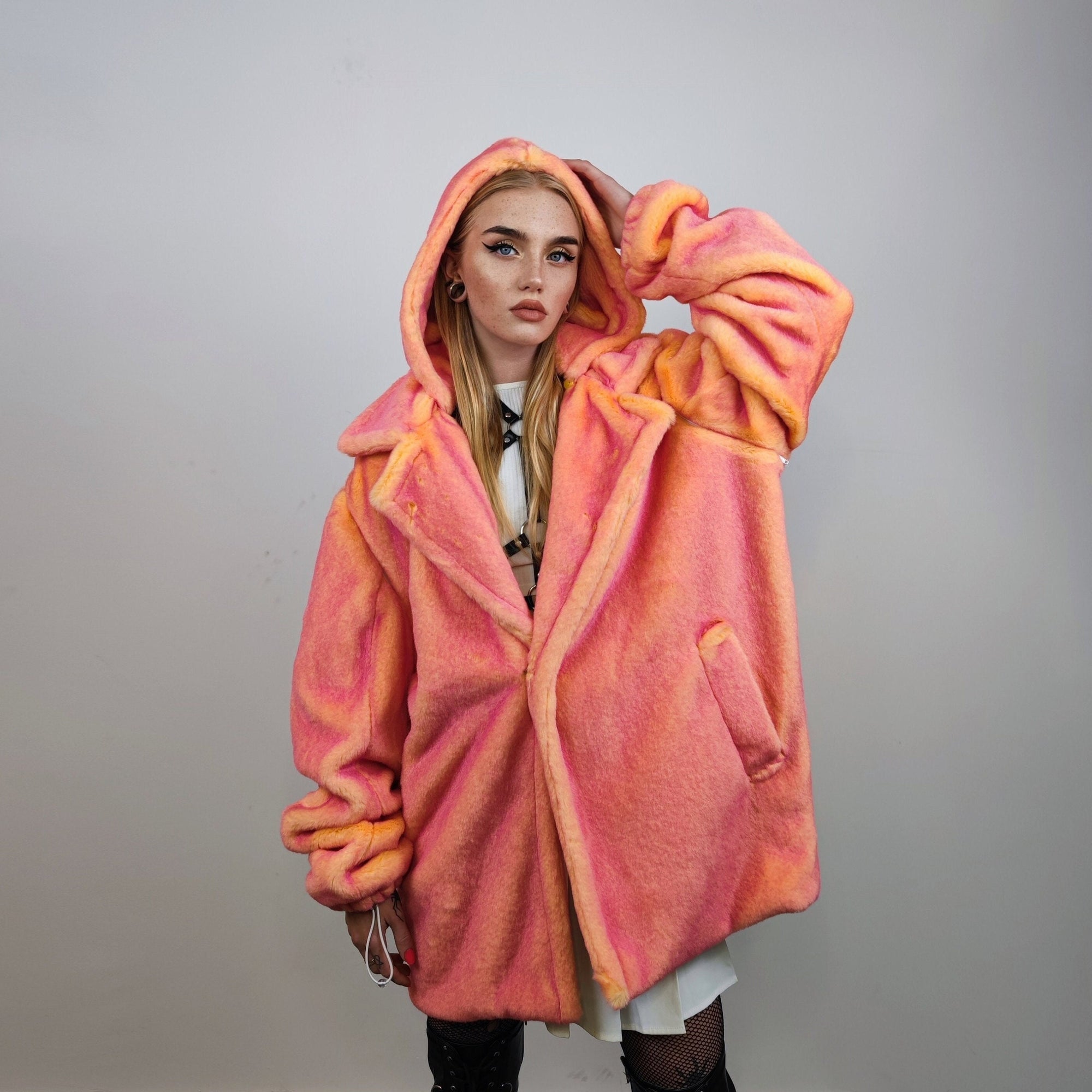 Neon faux fur jacket color changing bomber handmade detachable trench coat fluorescent fleece glowing festival mac in pink electric orange