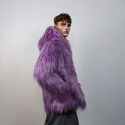 Shaggy faux fur jacket neon bomber bright raver coat fluffy puffer winter fleece luminous festival pullover burning man overcoat in purple