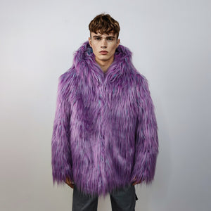 Shaggy faux fur jacket neon bomber bright raver coat fluffy puffer winter fleece luminous festival pullover burning man overcoat in purple