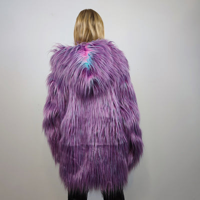 Shaggy faux fur jacket neon bomber bright raver coat fluffy puffer winter fleece luminous festival pullover burning man overcoat in purple