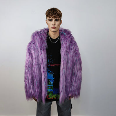 Shaggy faux fur jacket neon bomber bright raver coat fluffy puffer winter fleece luminous festival pullover burning man overcoat in purple