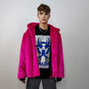 Hooded neon faux fur jacket shaggy bomber bright raver puffer fluffy fleece bright festival coat burning man overcoat in fuchsia pink