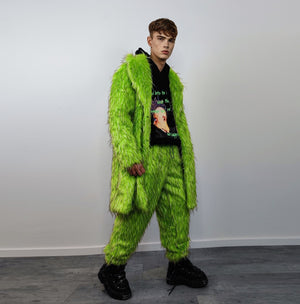 Shaggy faux fur longline coat neon trench bright raver bomber fluffy winter fleece luminous festival jacket burning man fuzzy coat in green