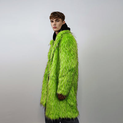 Shaggy faux fur longline coat neon trench bright raver bomber fluffy winter fleece luminous festival jacket burning man fuzzy coat in green