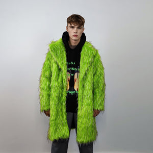 Shaggy faux fur longline coat neon trench bright raver bomber fluffy winter fleece luminous festival jacket burning man fuzzy coat in green