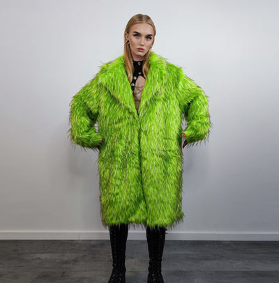 Shaggy faux fur longline coat neon trench bright raver bomber fluffy winter fleece luminous festival jacket burning man fuzzy coat in green