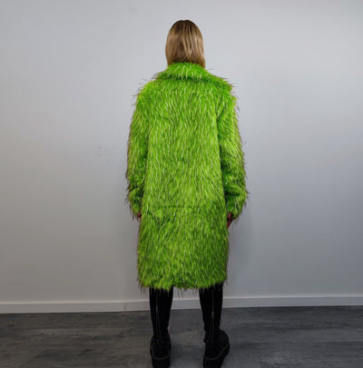 Shaggy faux fur longline coat neon trench bright raver bomber fluffy winter fleece luminous festival jacket burning man fuzzy coat in green