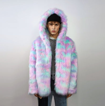 Hooded candy faux fur jacket unicorn bomber neon raver puffer fluffy tie-dye fleece psychedelic festival coat burning man party trench pink