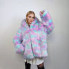 Hooded candy faux fur jacket unicorn bomber neon raver puffer fluffy tie-dye fleece psychedelic festival coat burning man party trench pink