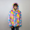 Hooded marshmallow faux fur jacket unicorn coat raver bomber fluffy tie-dye fleece rainbow festival bomber burning man going out trench pink