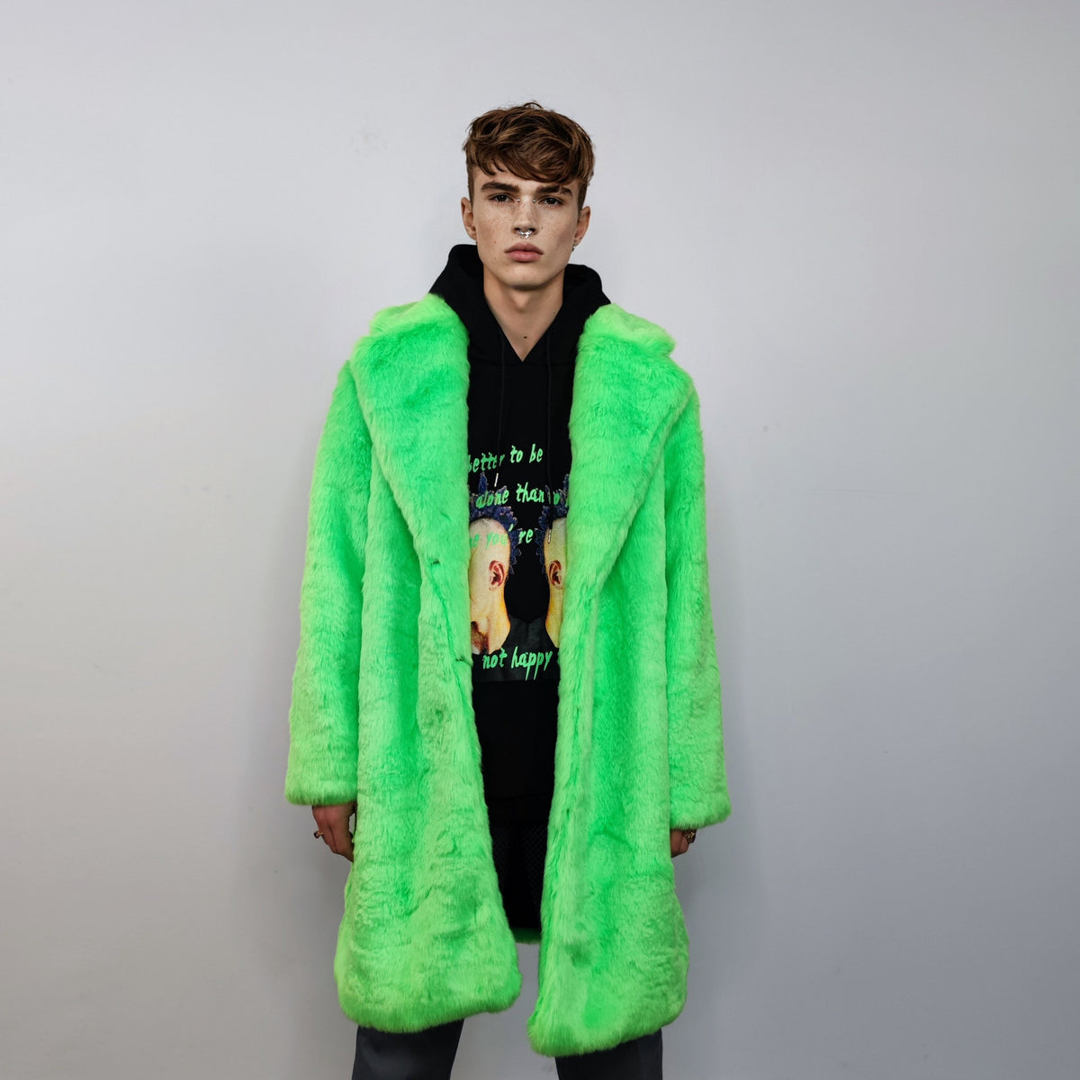 Neon faux fur longline coat shaggy trench bright raver bomber fluffy winter fleece festival jacket burning man coat in green